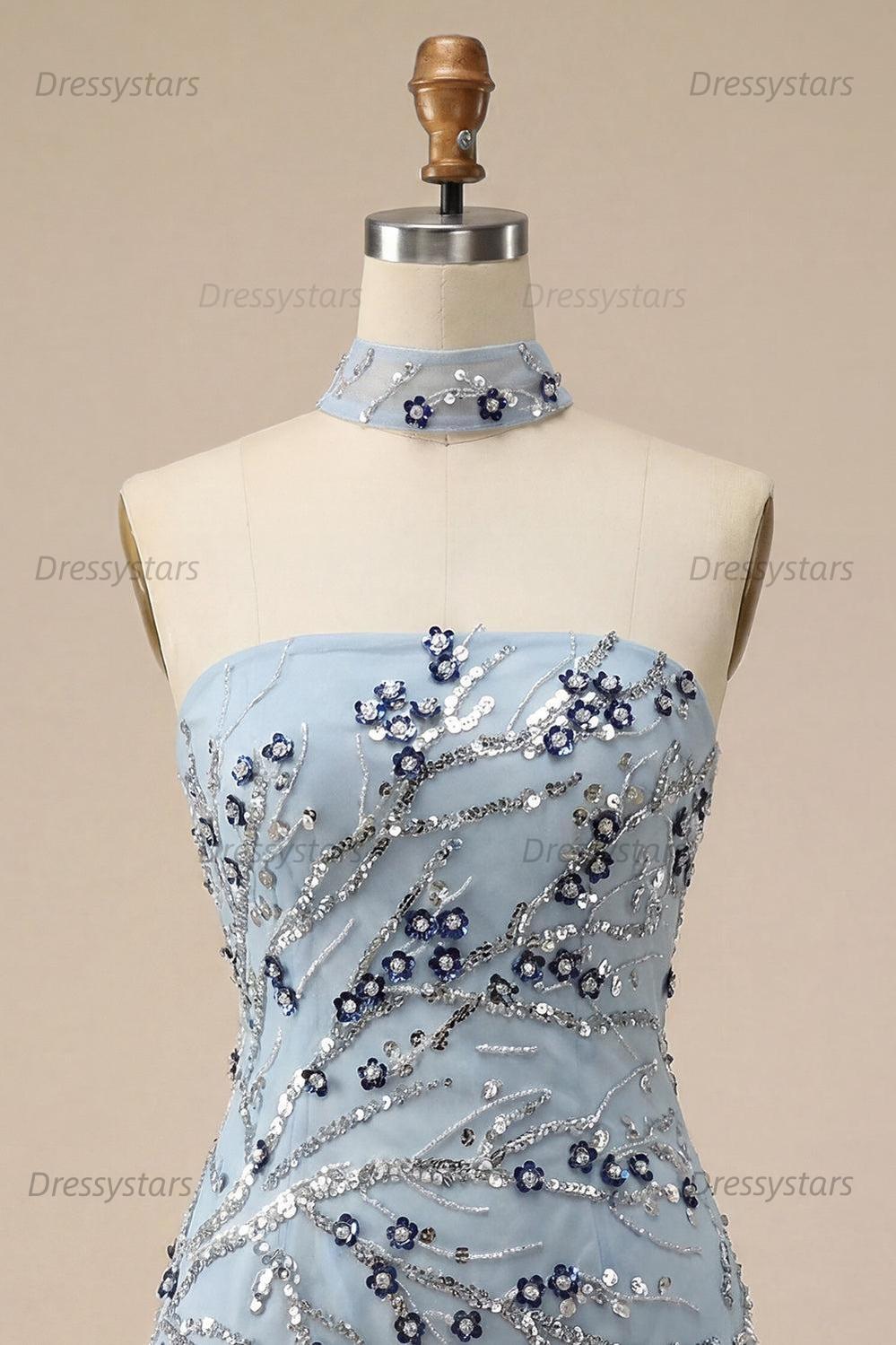 Dressystars Dusty Blue Floral Fringed Sequins Tight Short Homecoming Dress
