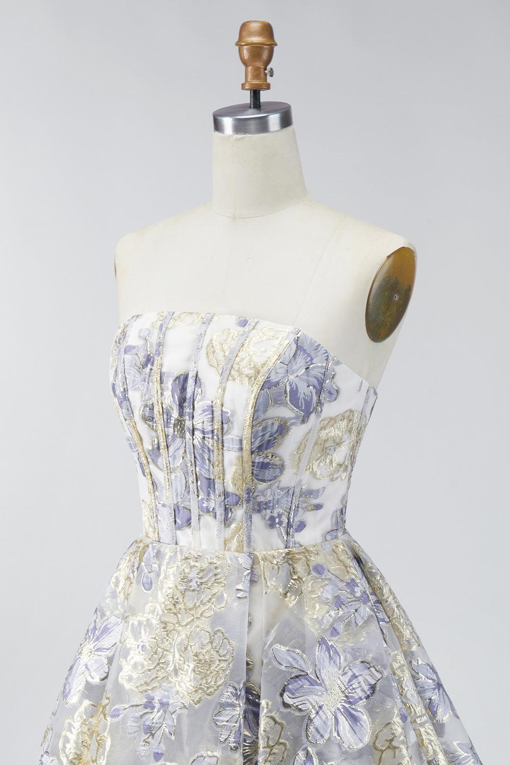 Dressystars Dusty Blue Floral Jacquard Strapless A-Line Corset Short Homecoming Dress