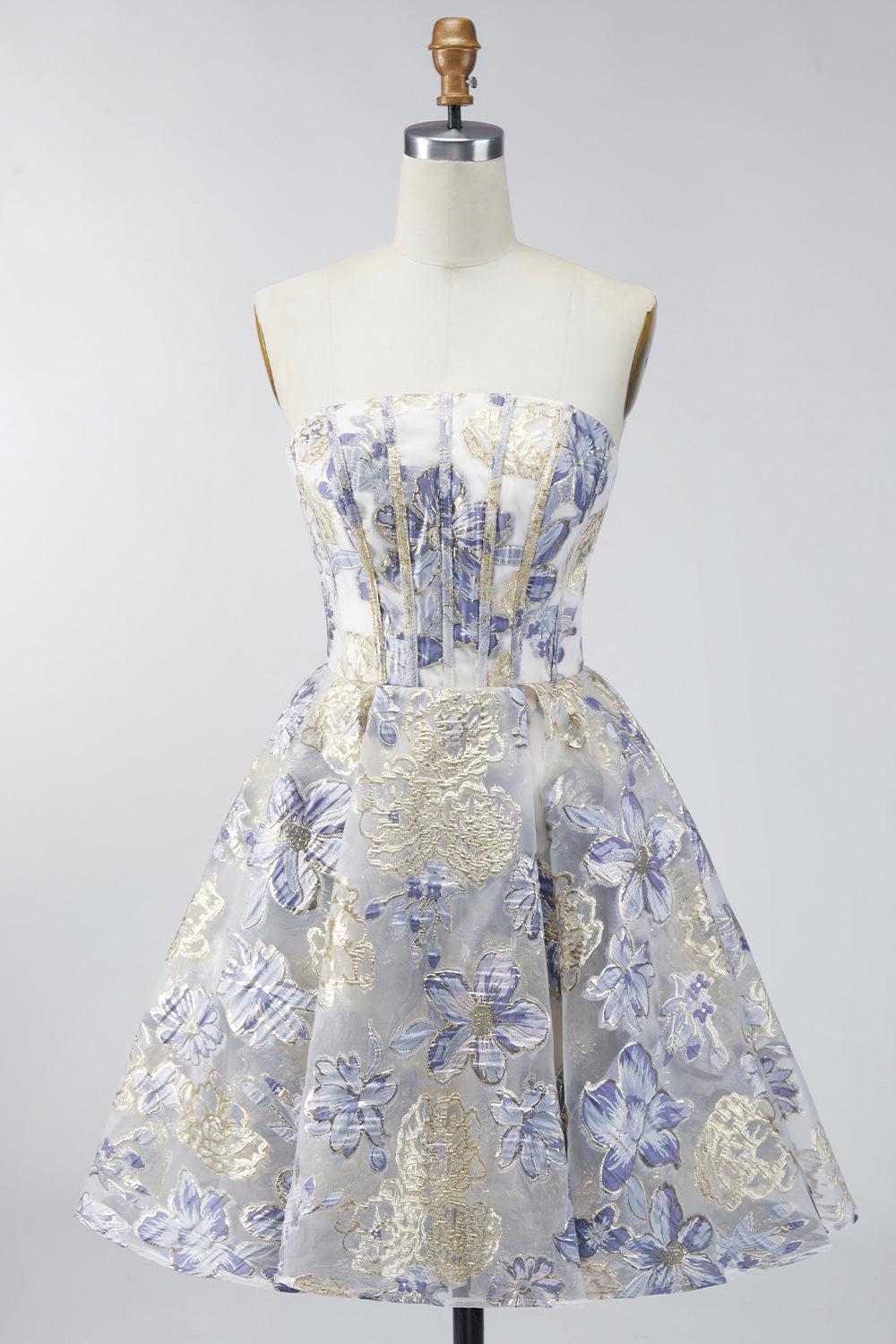 Dressystars Dusty Blue Floral Jacquard Strapless A-Line Corset Short Homecoming Dress