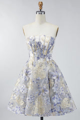 Dressystars Dusty Blue Floral Jacquard Strapless A-Line Corset Short Homecoming Dress