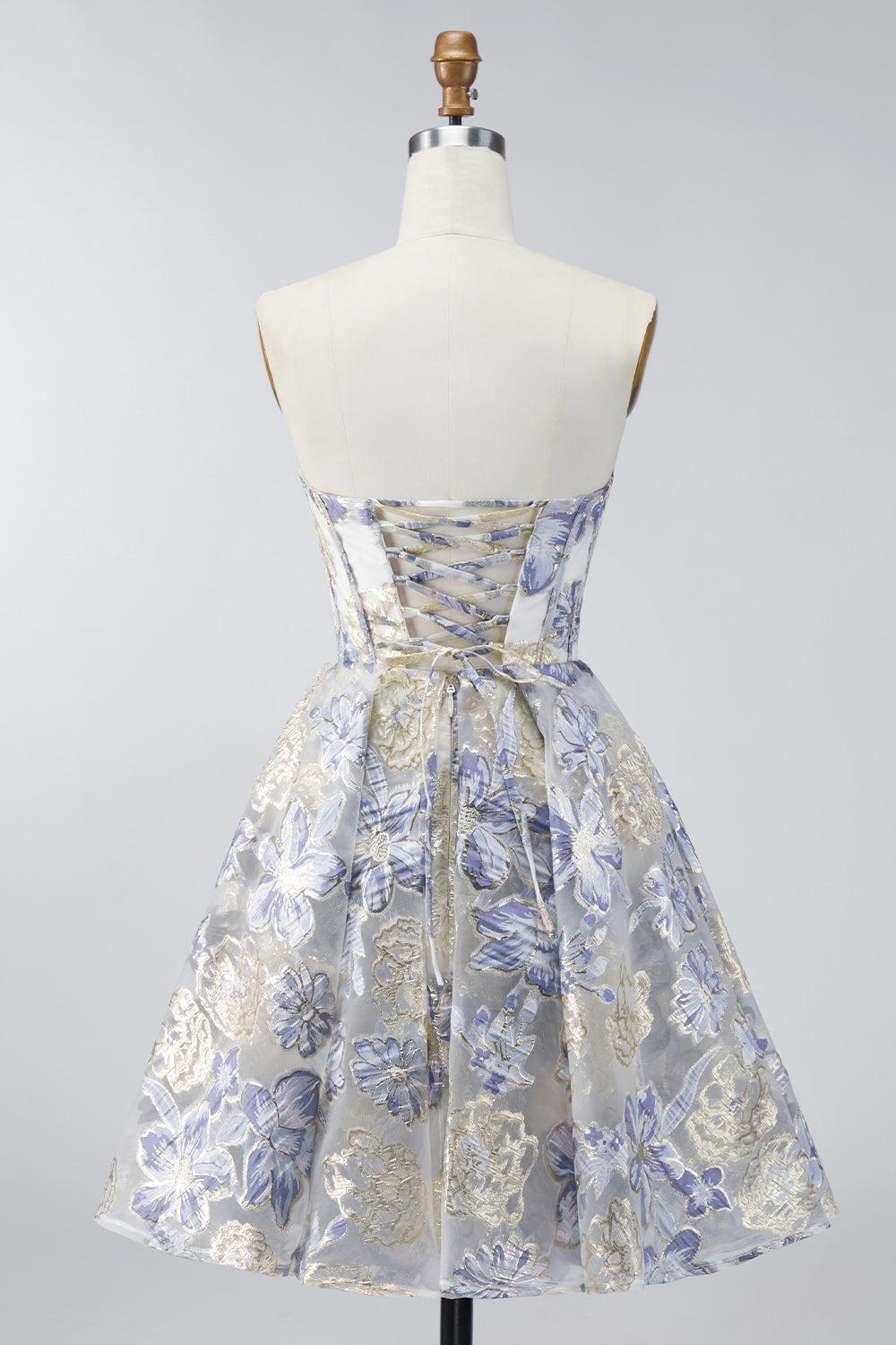 Dressystars Dusty Blue Floral Jacquard Strapless A-Line Corset Short Homecoming Dress