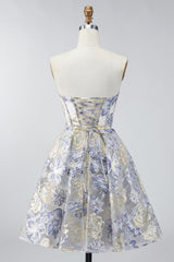 Dressystars Dusty Blue Floral Jacquard Strapless A-Line Corset Short Homecoming Dress