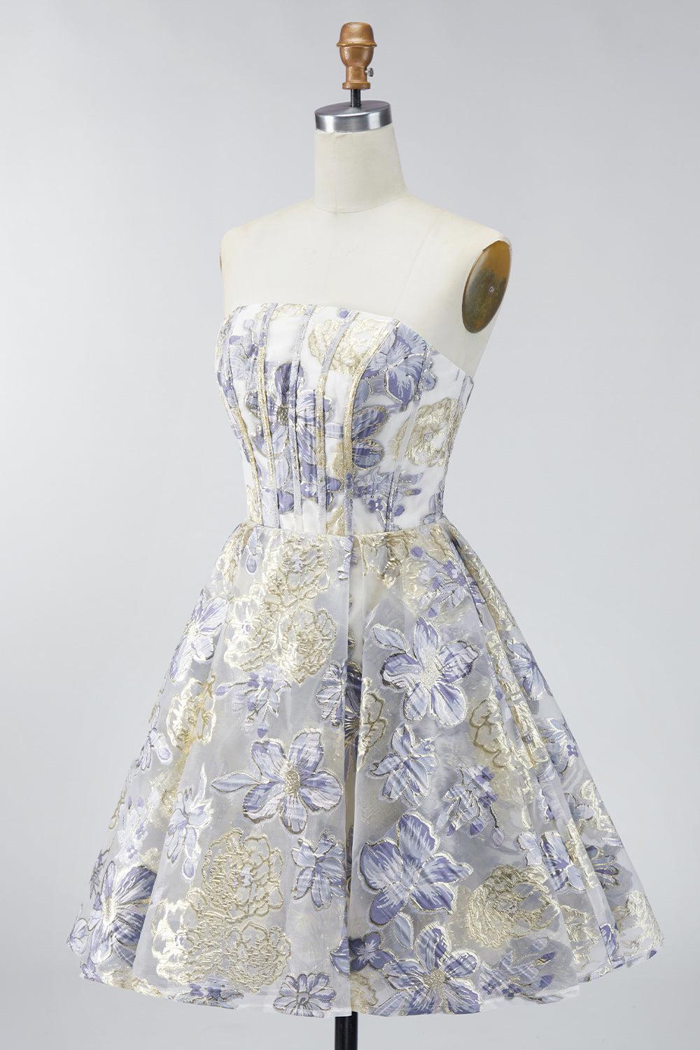 Dressystars Dusty Blue Floral Jacquard Strapless A-Line Corset Short Homecoming Dress