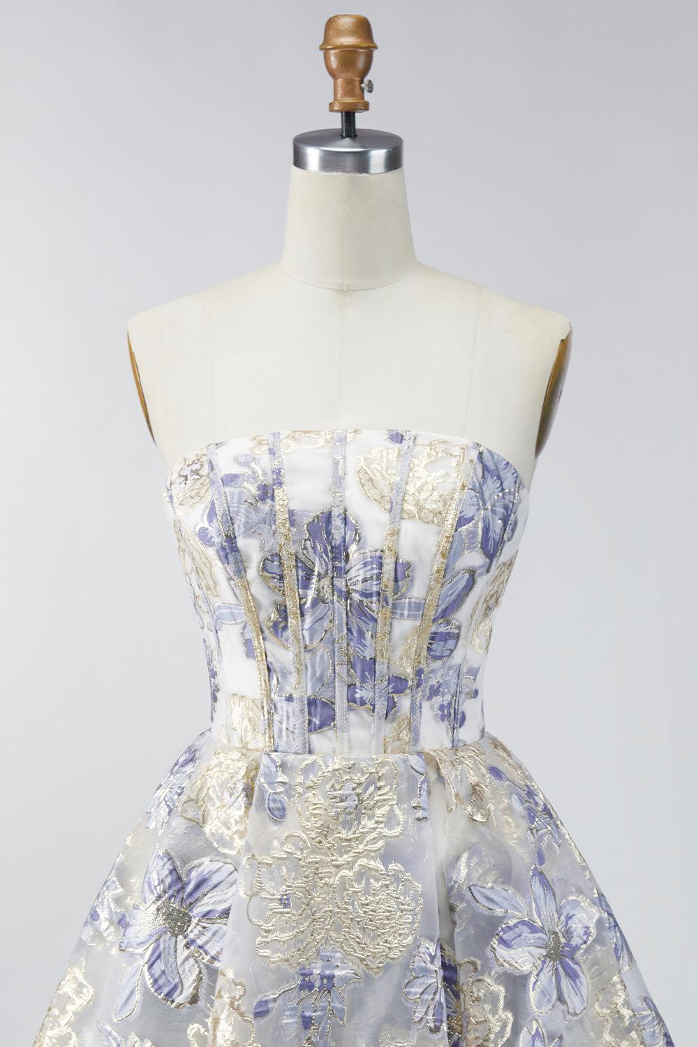 Dressystars Dusty Blue Floral Jacquard Strapless A-Line Corset Short Homecoming Dress