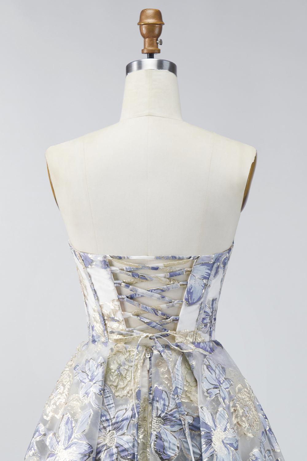 Dressystars Dusty Blue Floral Jacquard Strapless A-Line Corset Short Homecoming Dress