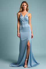 Dressystars Dusty Blue Wedding Guest Dress Sheath Spaghetti Straps Long Formal Dress With Slit