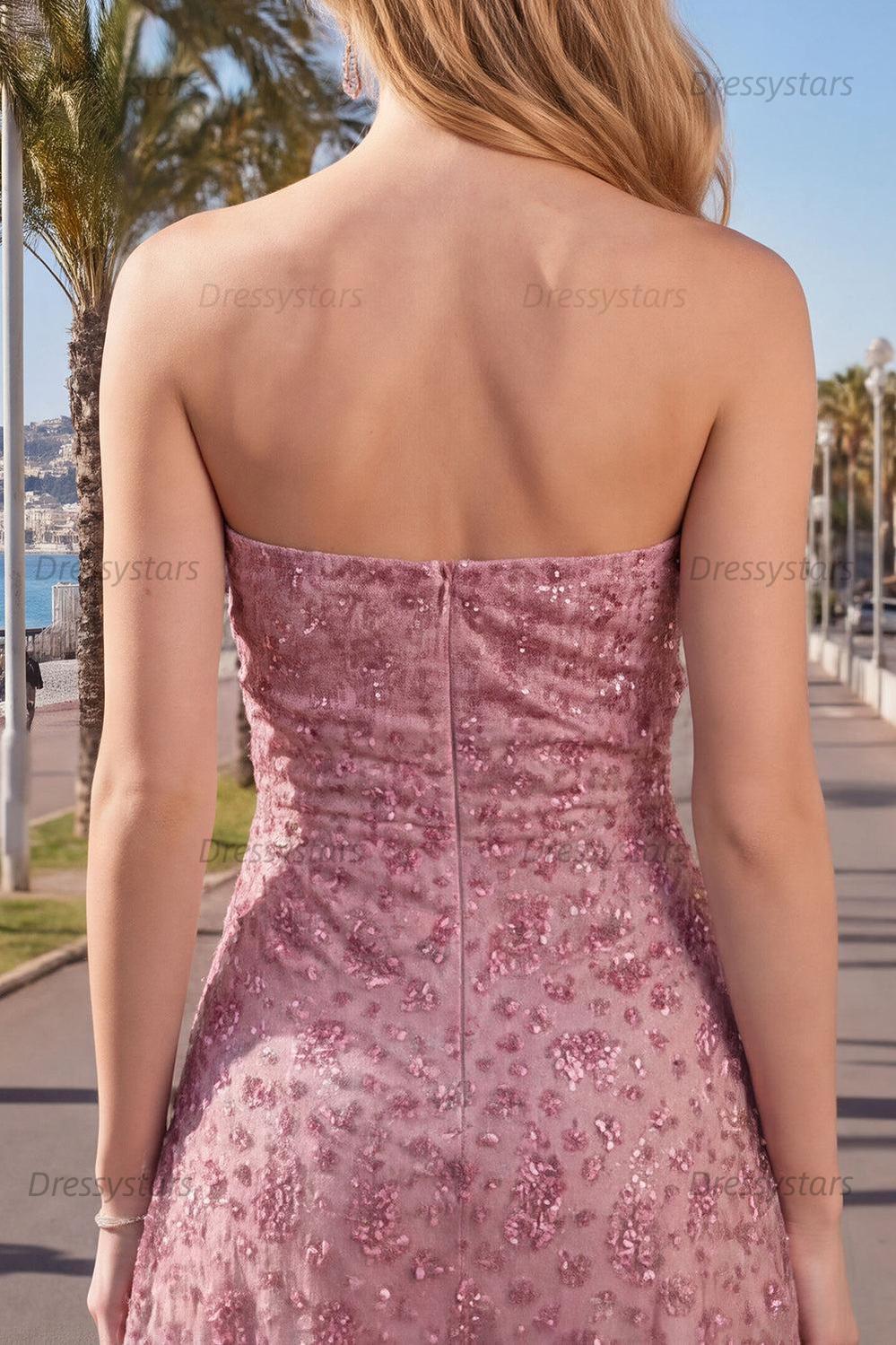 Dressystars Dusty Rose Beaded Ruched Strapless Short Homecoming Dress