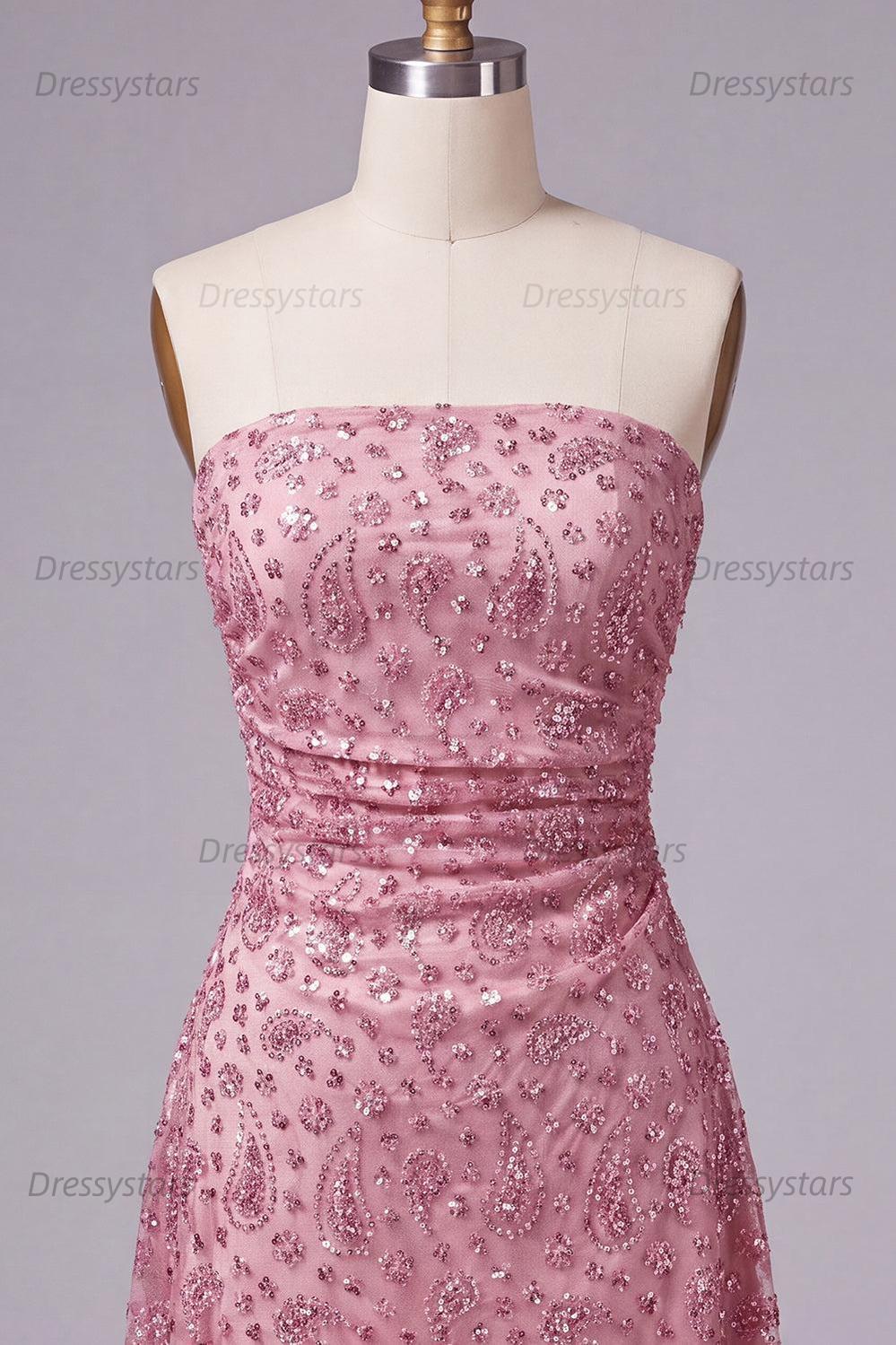 Dressystars Dusty Rose Beaded Ruched Strapless Short Homecoming Dress