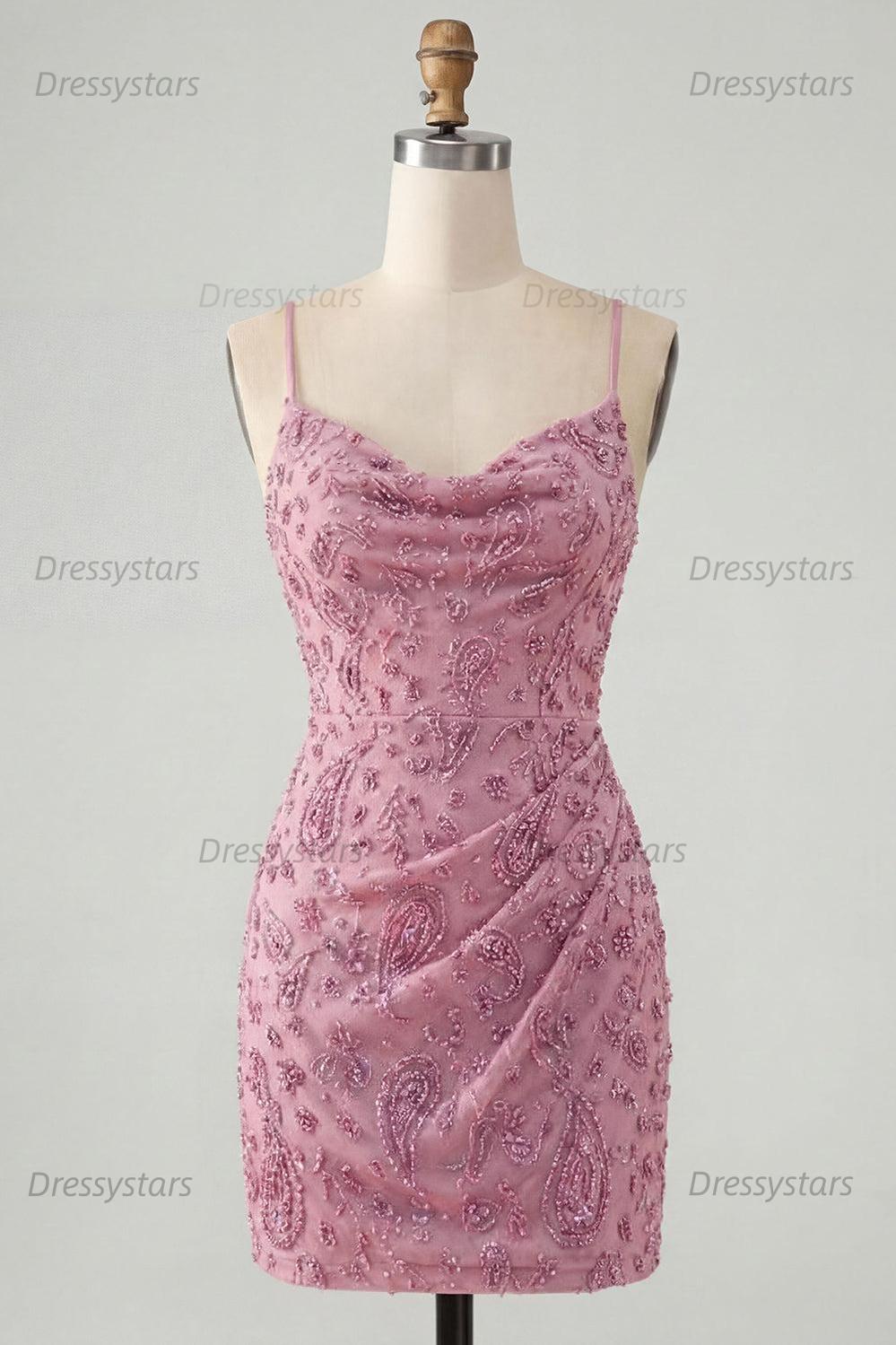 Dressystars Dusty Rose Beaded Ruched Tight Cowl Neck Short Homecoming Dress