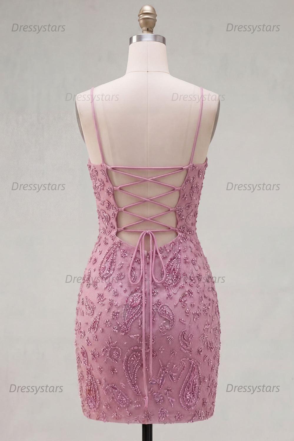 Dressystars Dusty Rose Beaded Ruched Tight Cowl Neck Short Homecoming Dress