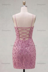 Dressystars Dusty Rose Beaded Ruched Tight Cowl Neck Short Homecoming Dress