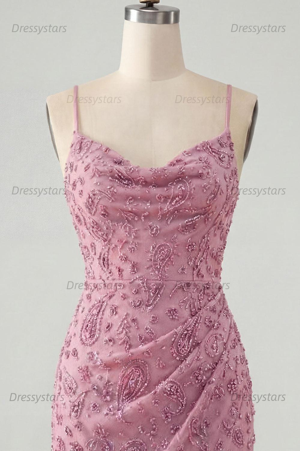 Dressystars Dusty Rose Beaded Ruched Tight Cowl Neck Short Homecoming Dress