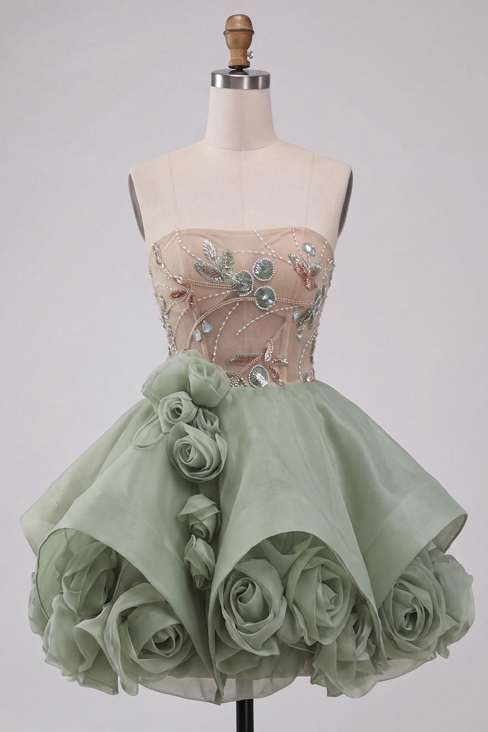 Dressystars Dusty Sage Beaded A Line Corset Short Homecoming Dress with 3D Flowers