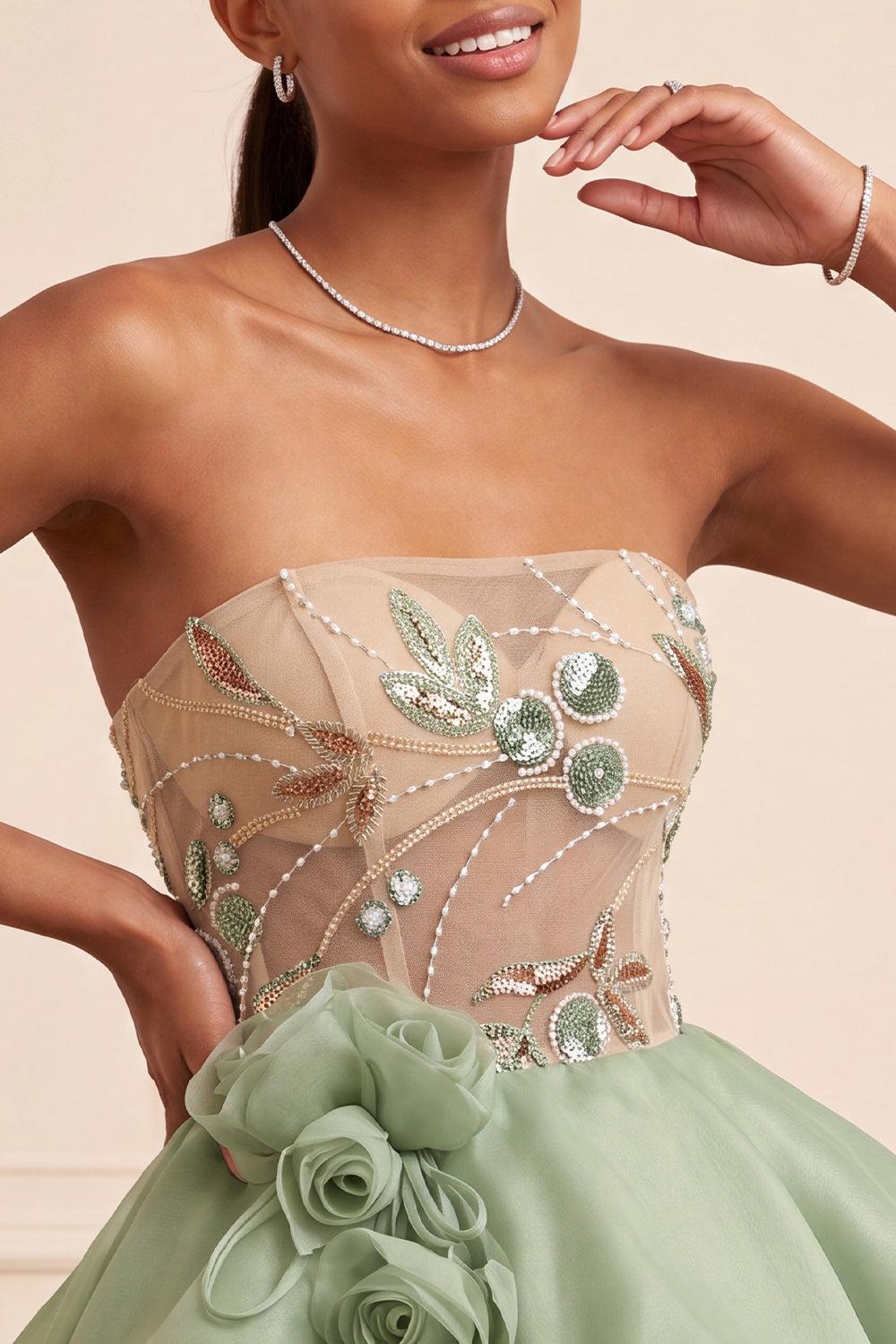 Dressystars Dusty Sage Beaded A Line Corset Short Homecoming Dress with 3D Flowers