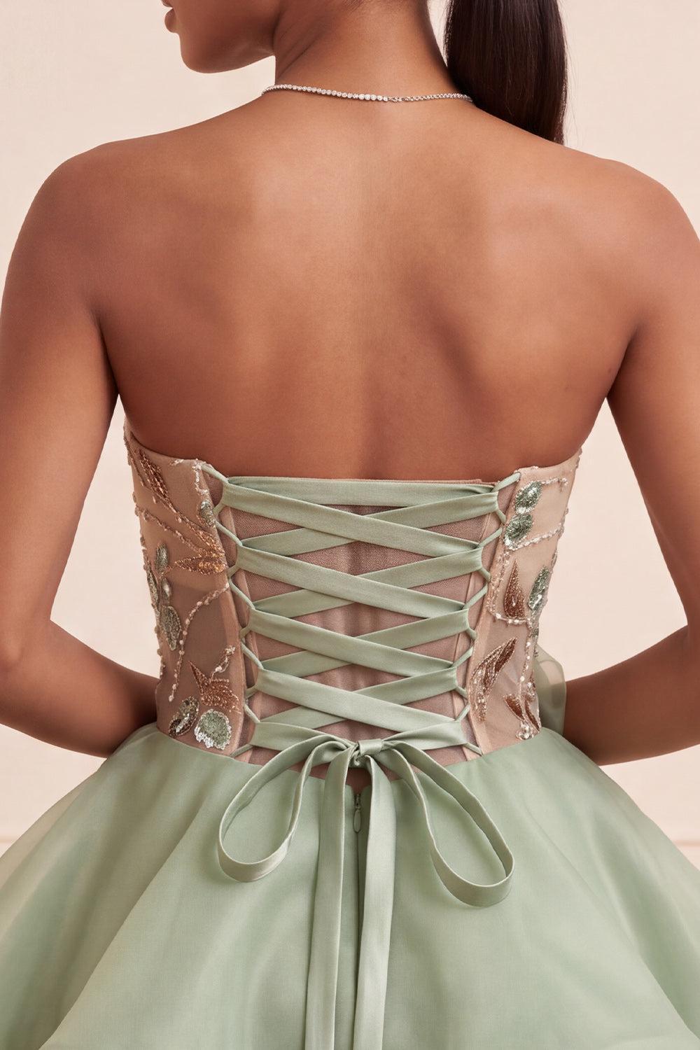 Dressystars Dusty Sage Beaded A Line Corset Short Homecoming Dress with 3D Flowers