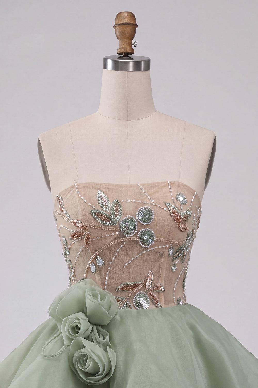 Dressystars Dusty Sage Beaded A Line Corset Short Homecoming Dress with 3D Flowers