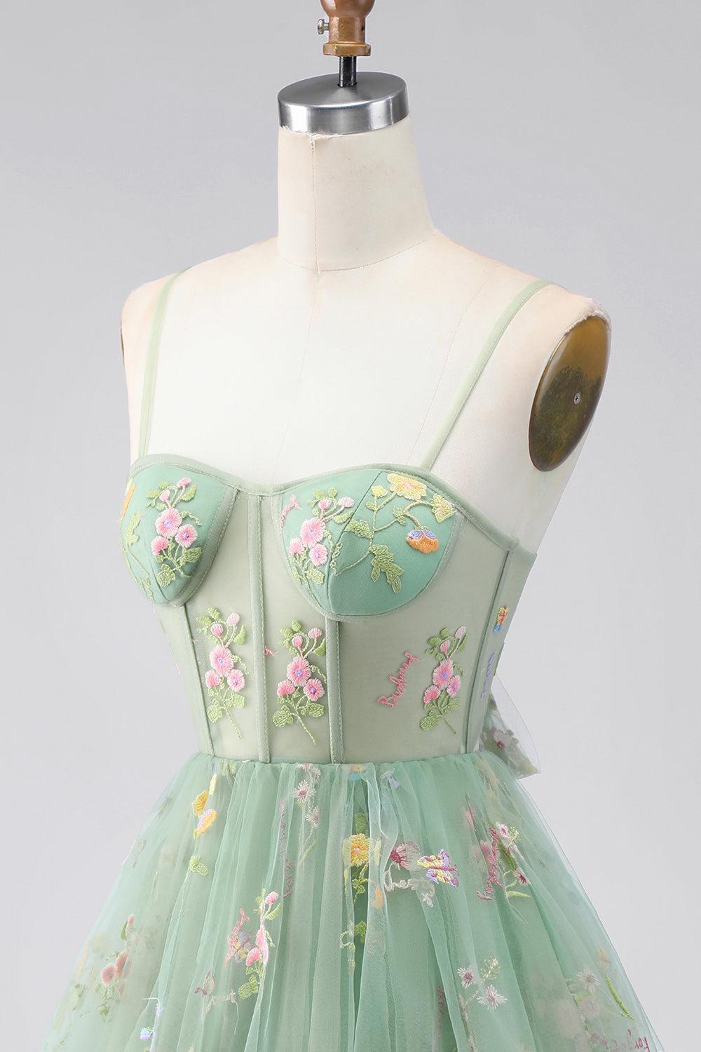 Dressystars Dusty Sage Floral Corset A-Line Short Homecoming Dress with Ruffles