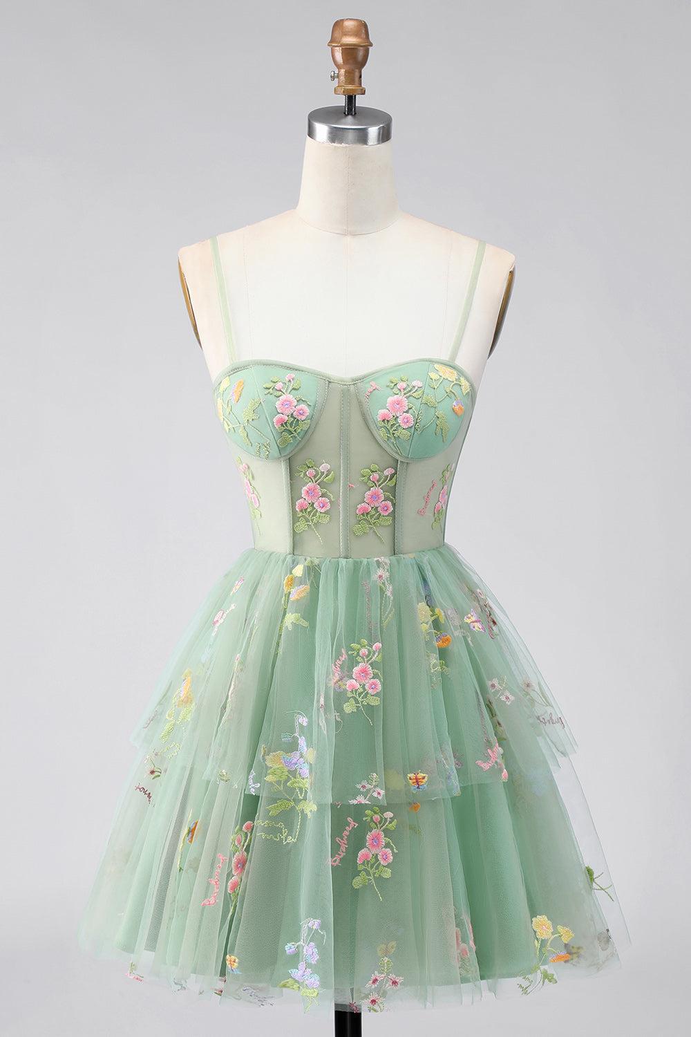 Dressystars Dusty Sage Floral Corset A-Line Short Homecoming Dress with Ruffles