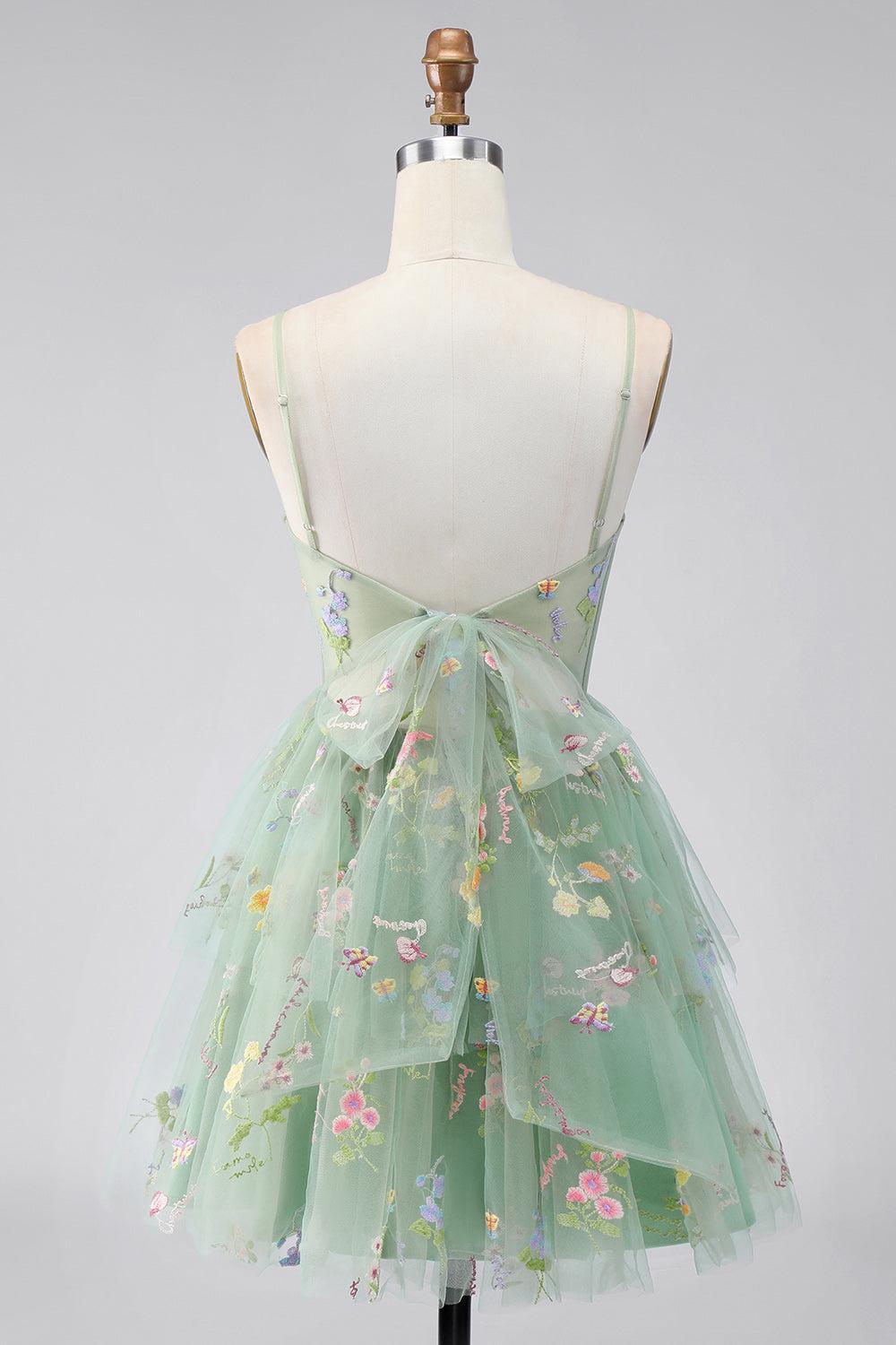 Dressystars Dusty Sage Floral Corset A-Line Short Homecoming Dress with Ruffles