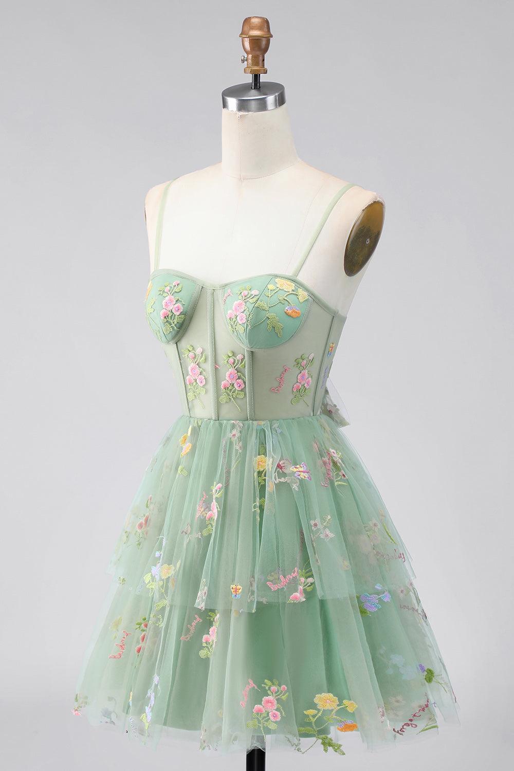 Dressystars Dusty Sage Floral Corset A-Line Short Homecoming Dress with Ruffles
