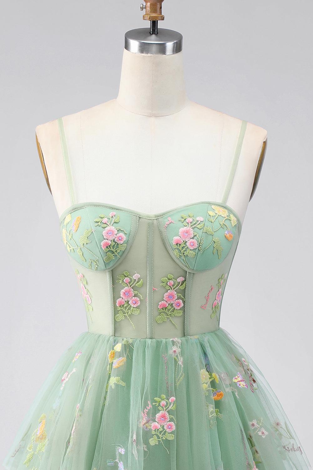 Dressystars Dusty Sage Floral Corset A-Line Short Homecoming Dress with Ruffles