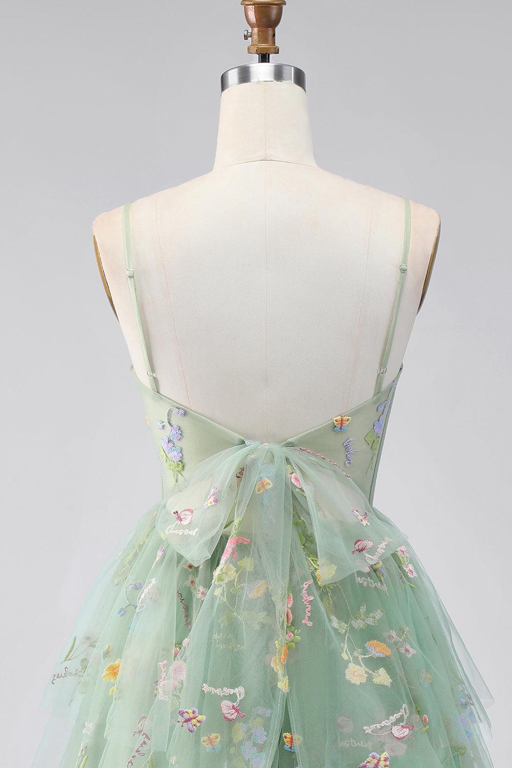 Dressystars Dusty Sage Floral Corset A-Line Short Homecoming Dress with Ruffles