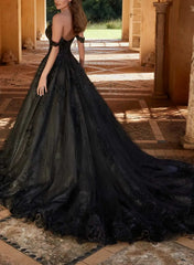 Dressystars Elegant A Line Off the Shoulder Chapel Train Satin Tulle Wedding Dress with Lace