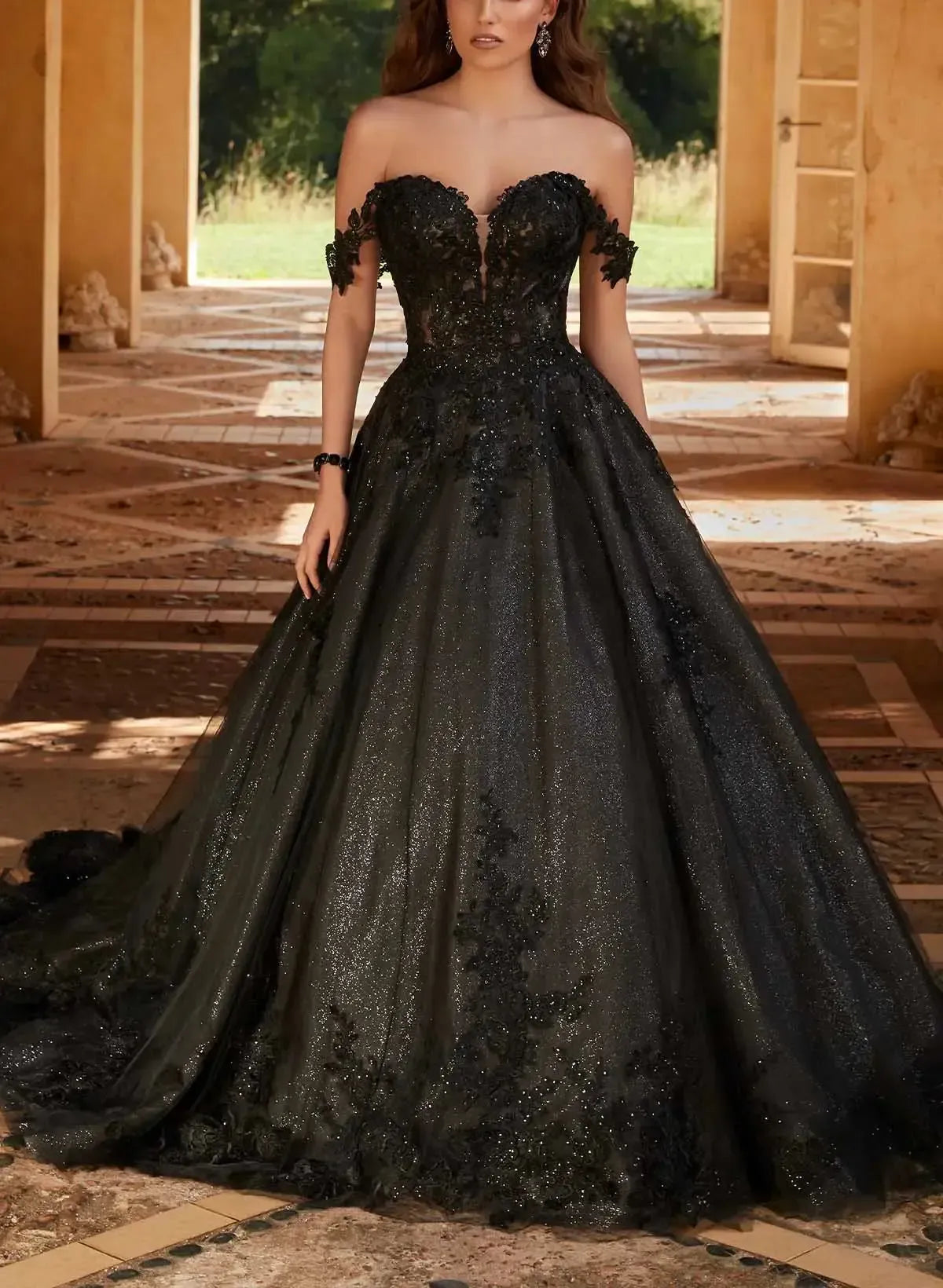 Dressystars Elegant A Line Off the Shoulder Chapel Train Satin Tulle Wedding Dress with Lace