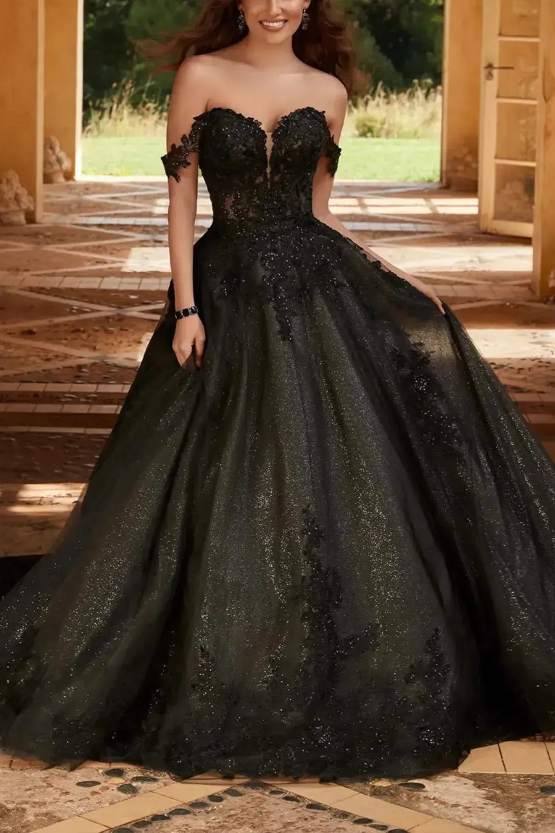 Dressystars Elegant A Line Off the Shoulder Chapel Train Satin Tulle Wedding Dress with Lace