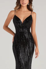 Dressystars Elegant Black Wedding Guest Dress Mermaid Spaghetti Straps Formal Dress
