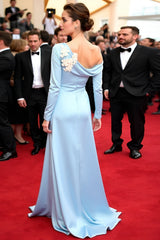 Dressystars Elegant Blue Wedding Guest Dress A Line 3D Flowers Long Gala Dress With Long Sleeves