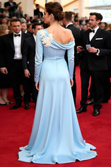 Dressystars Elegant Blue Wedding Guest Dress A Line 3D Flowers Long Gala Dress With Long Sleeves