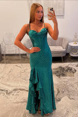 Dressystars Elegant Emerald Green Spaghetti Straps Prom Dress With High Slit Formal Evening Gown