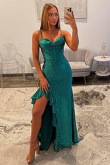 Dressystars Elegant Emerald Green Spaghetti Straps Prom Dress With High Slit Formal Evening Gown