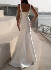 Dressystars Elegant Mermaid Square Neckline Sleeveless Sweep Train Satin Wedding Dress