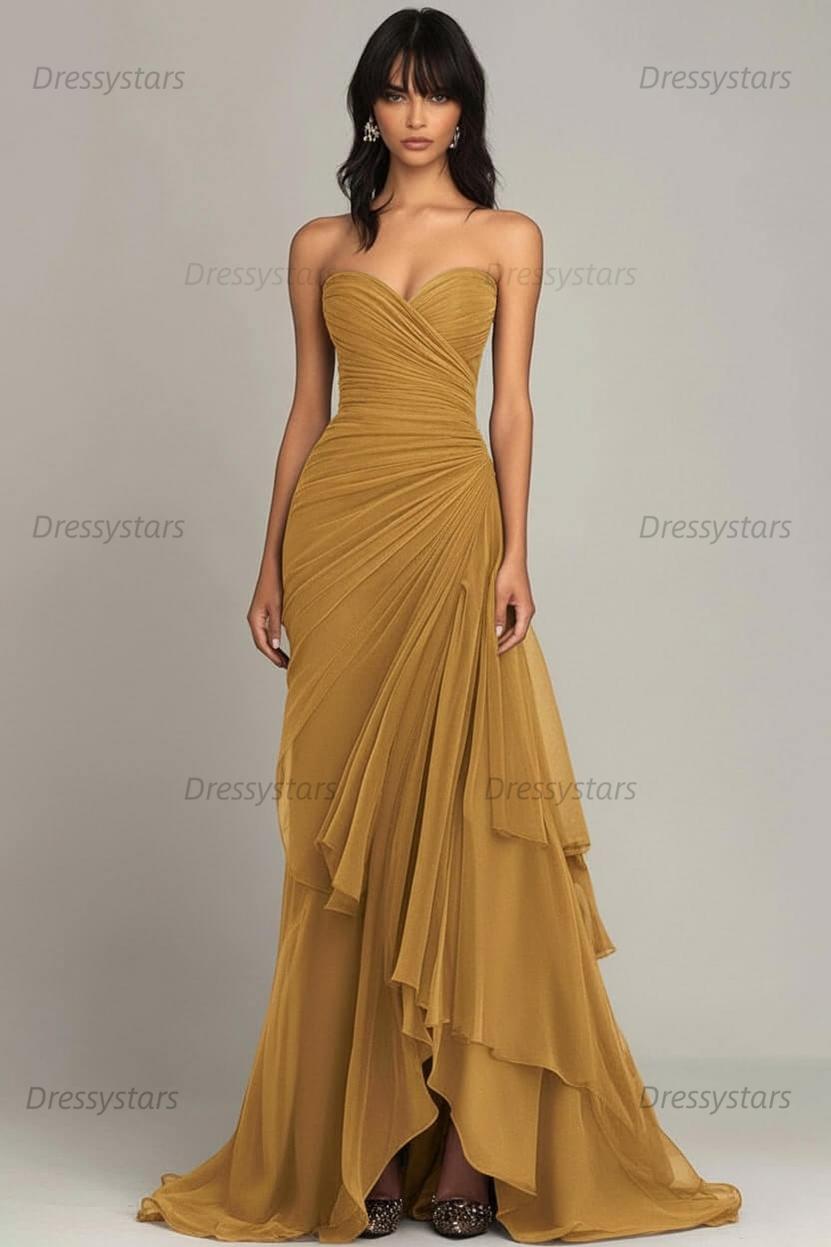 Dressystars Elegant Sweetheart Ruched Dark Brown Long Formal Dress With Ruffles