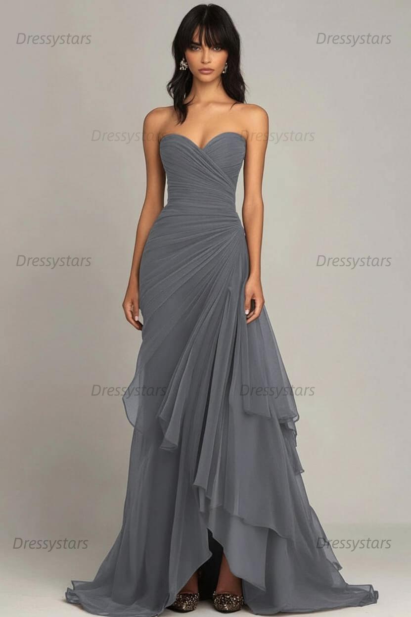 Dressystars Elegant Sweetheart Ruched Dark Brown Long Formal Dress With Ruffles