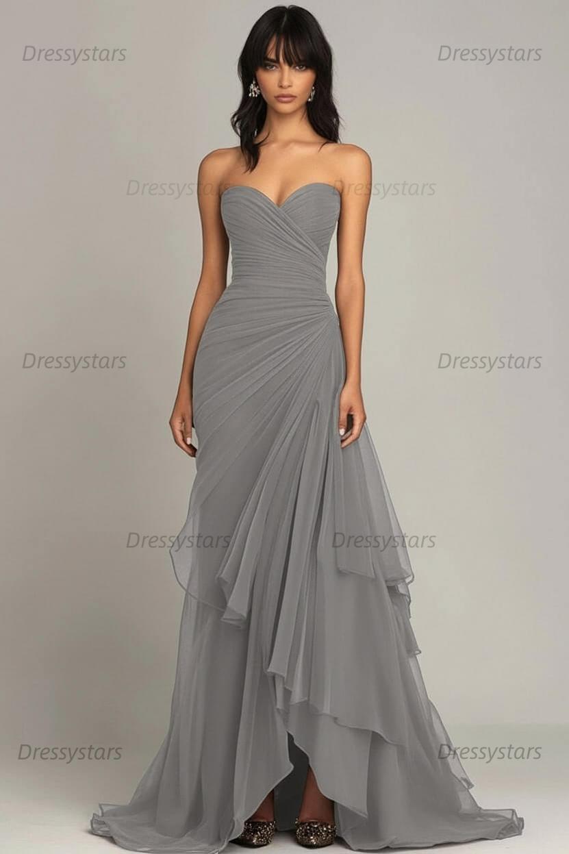 Dressystars Elegant Sweetheart Ruched Dark Brown Long Formal Dress With Ruffles