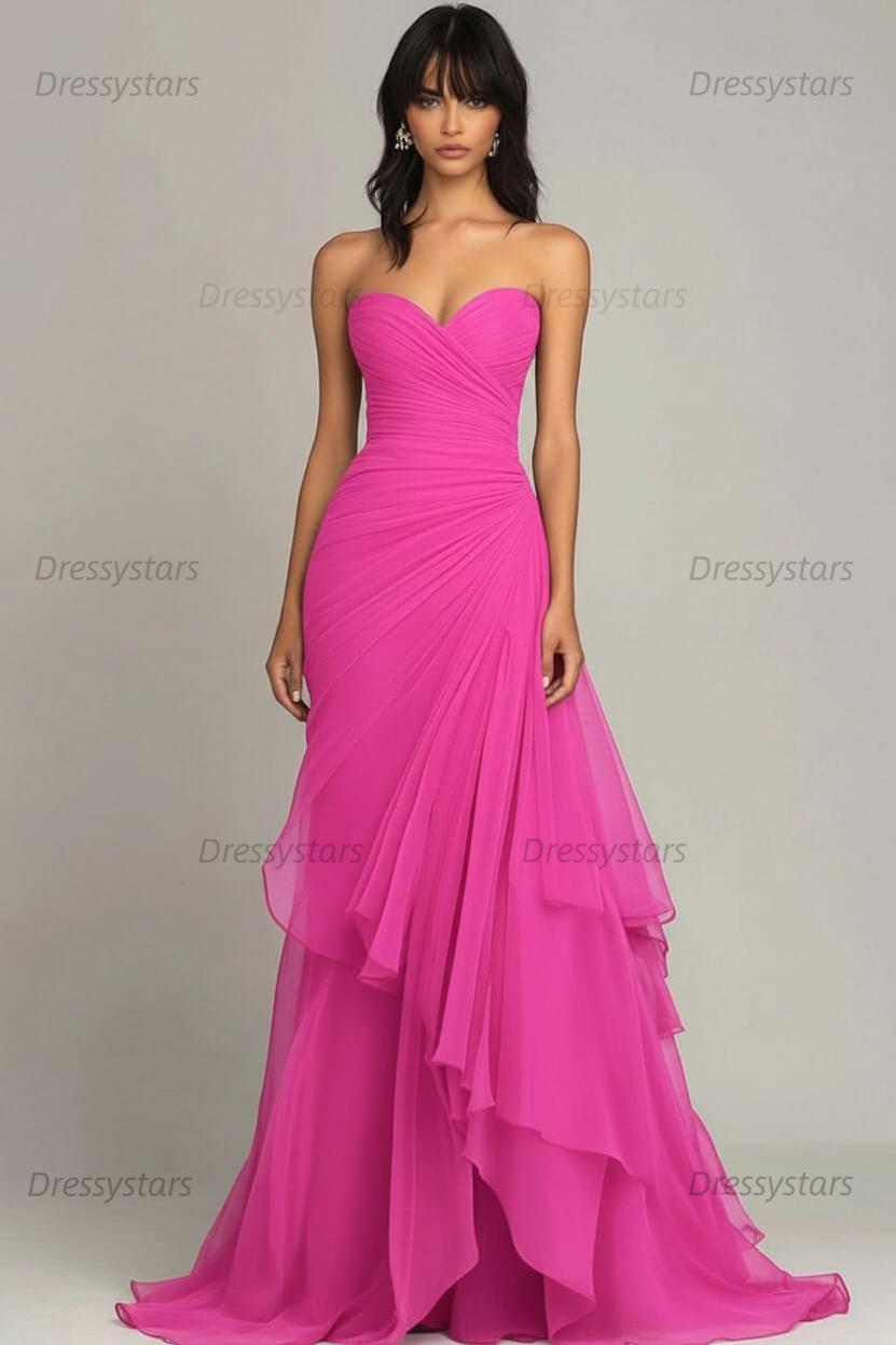 Dressystars Elegant Sweetheart Ruched Dark Brown Long Formal Dress With Ruffles