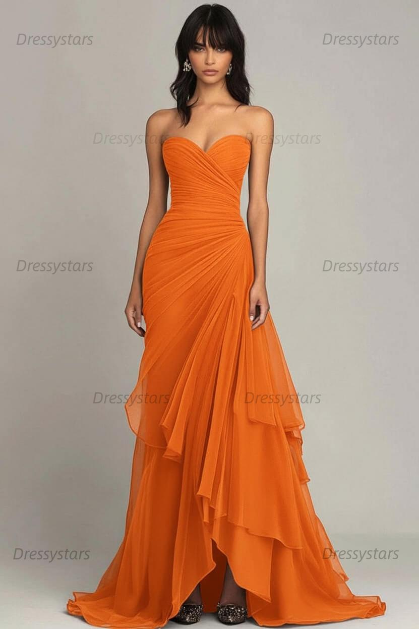 Dressystars Elegant Sweetheart Ruched Dark Brown Long Formal Dress With Ruffles
