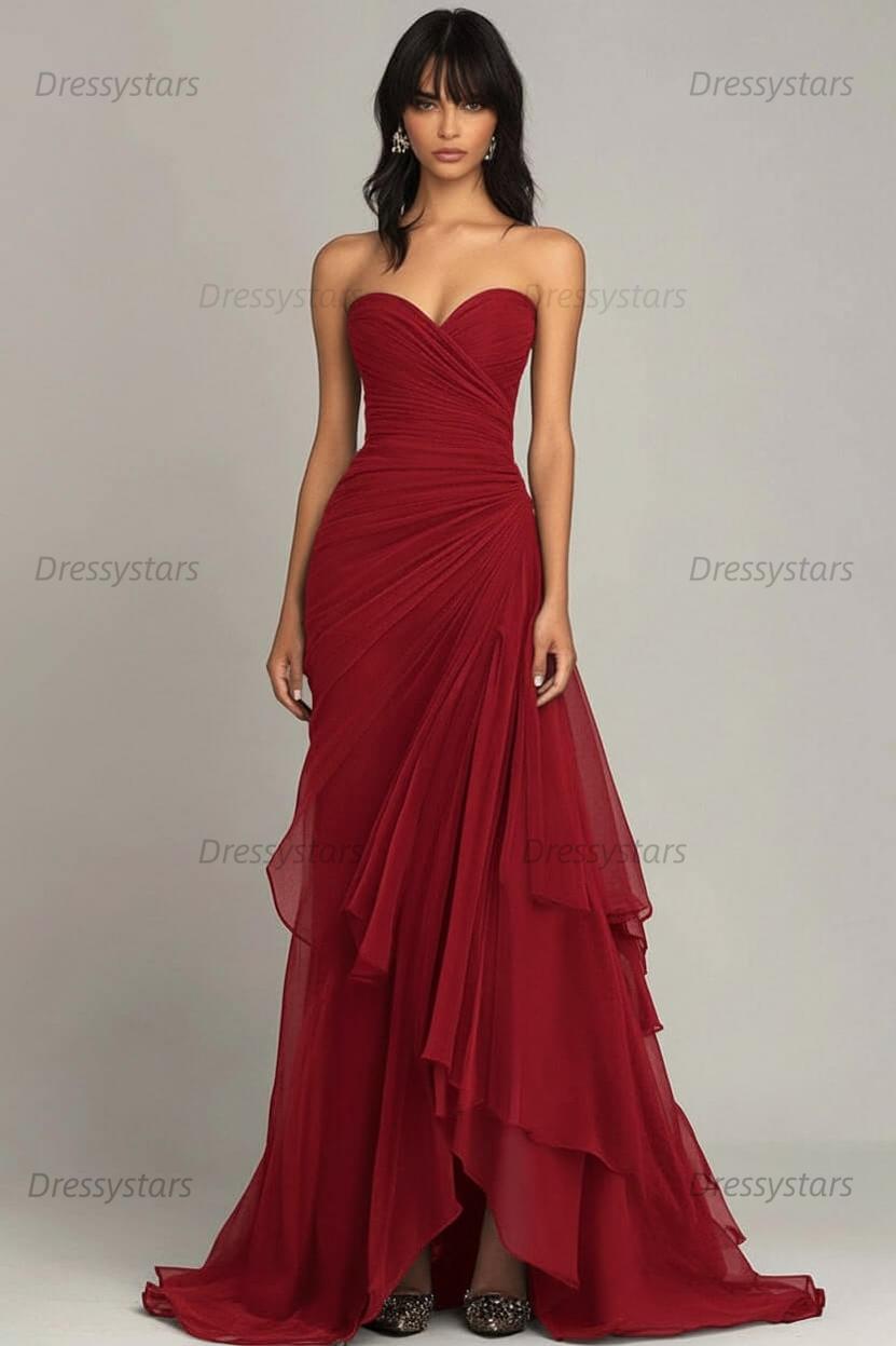 Dressystars Elegant Sweetheart Ruched Dark Brown Long Formal Dress With Ruffles