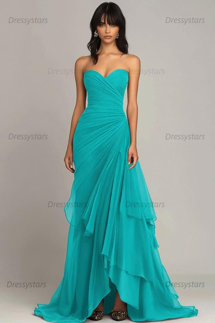 Dressystars Elegant Sweetheart Ruched Dark Brown Long Formal Dress With Ruffles