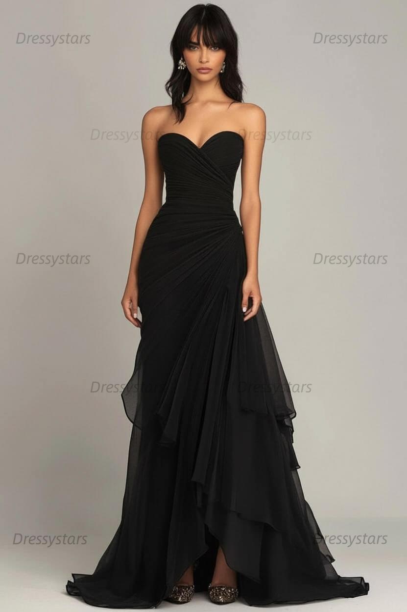 Dressystars Elegant Sweetheart Ruched Dark Brown Long Formal Dress With Ruffles