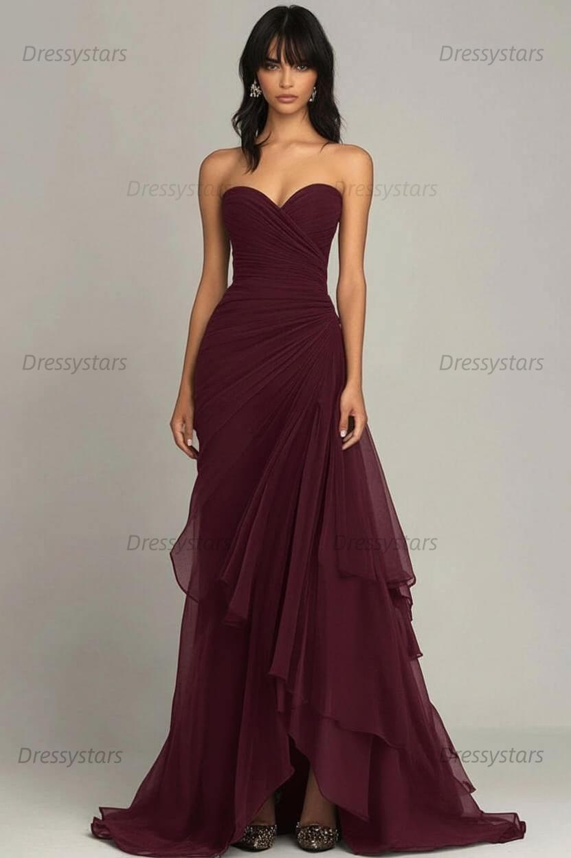 Dressystars Elegant Sweetheart Ruched Dark Brown Long Formal Dress With Ruffles
