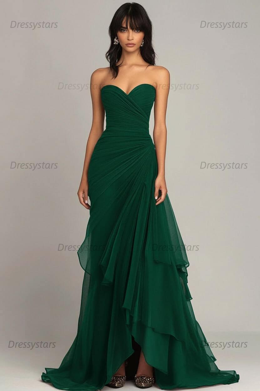 Dressystars Elegant Sweetheart Ruched Dark Brown Long Formal Dress With Ruffles
