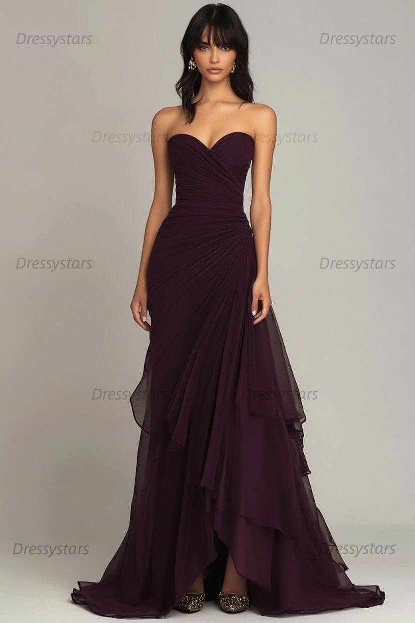 Dressystars Elegant Sweetheart Ruched Dark Brown Long Formal Dress With Ruffles
