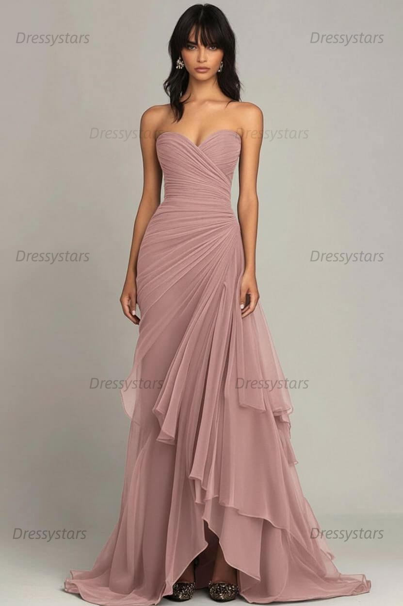 Dressystars Elegant Sweetheart Ruched Dark Brown Long Formal Dress With Ruffles