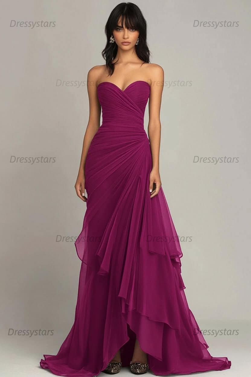 Dressystars Elegant Sweetheart Ruched Dark Brown Long Formal Dress With Ruffles