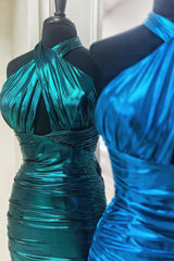 Dressystars Emerald Green Homecoming Dress Cross Halter Satin Tight Short Prom Dress