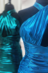 Dressystars Emerald Green Homecoming Dress Cross Halter Satin Tight Short Prom Dress